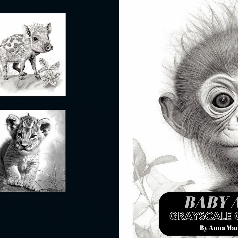 BABY ANIMALS Grayscale Coloring Book