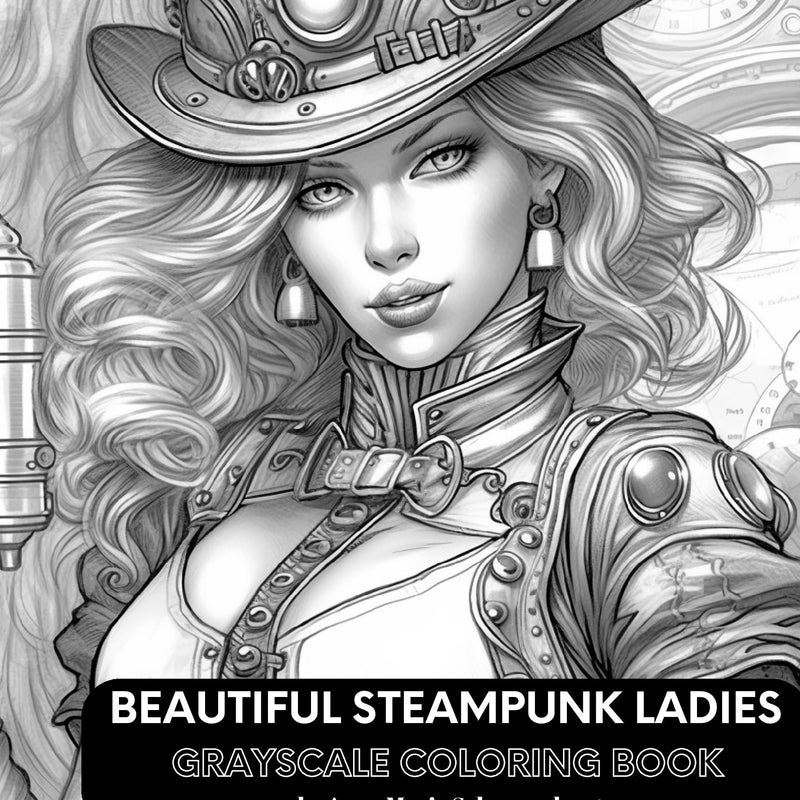 Beautiful Steampunk Ladies Grayscale Coloring Book