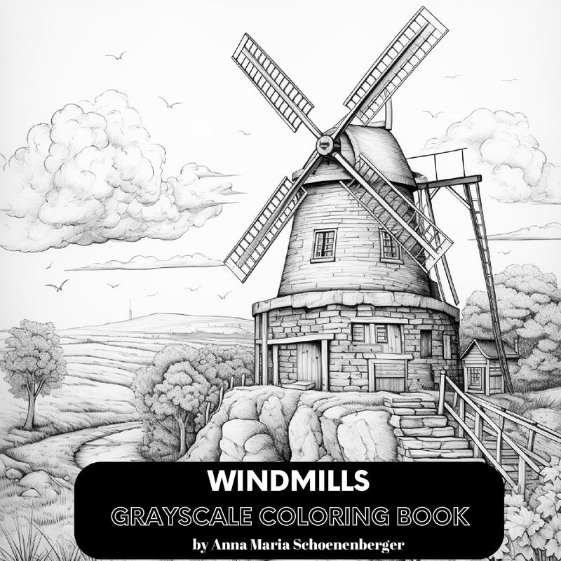 Windmills Grayscale Coloring Book