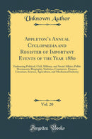 Appleton’s Annual Cyclopaedia and Register of Important Events of the Year 1880, Vol. 20: Embracing Political, Civil, Military, and Social Affairs; Public Documents; Biography, Statistics, Commerce, Finance, Literature, Science, Agriculture, and Mechani