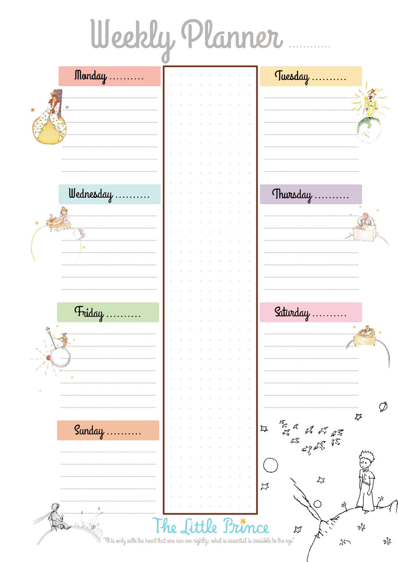 Plan your weeks with the Little Prince: A4 Weekly Planner - Without Fixed Dates - 60 Sheets/120 Pages - Beautiful Desk Planner, Family Calendar, Friends Gift - With 'the Little Prince Quotes' English, French, Italian, German, Spanish, Portuguese