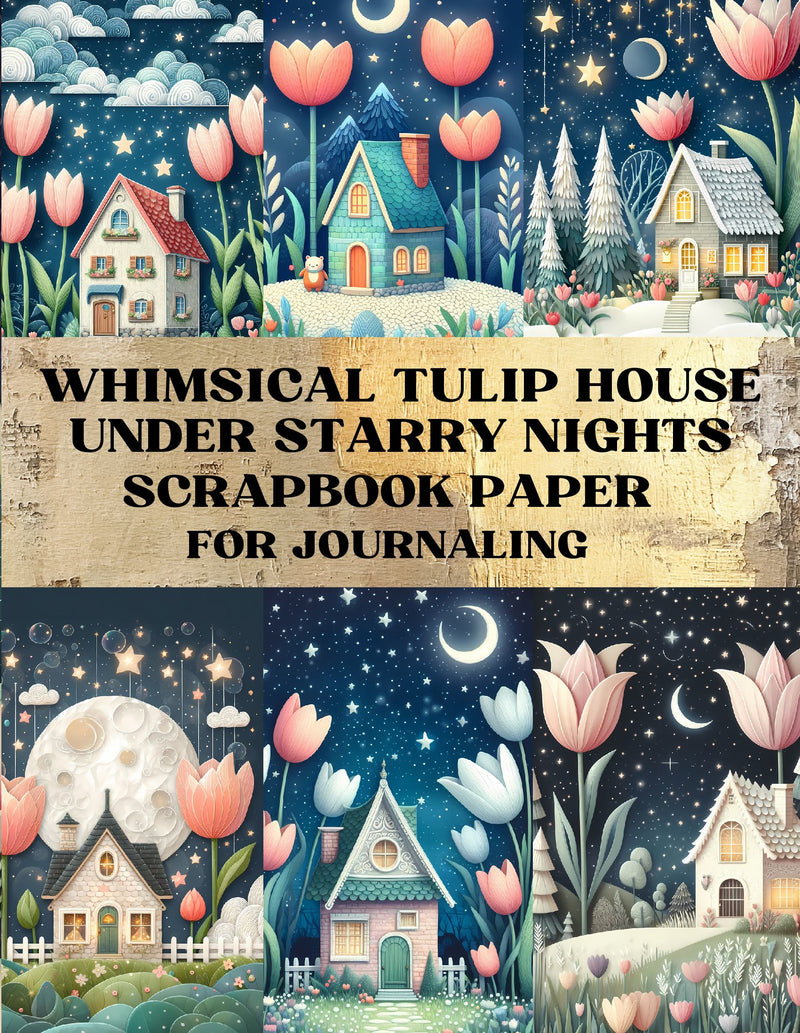 Whimsical Tulip House Under Starry Nights Scrapbook Paper - Decorative Sheets Double Sided Craft Paper For Scrapbooking, Artist Trading Cards, Mixed Media, Junk Journals, Collage Art, Card Making, Origami and More